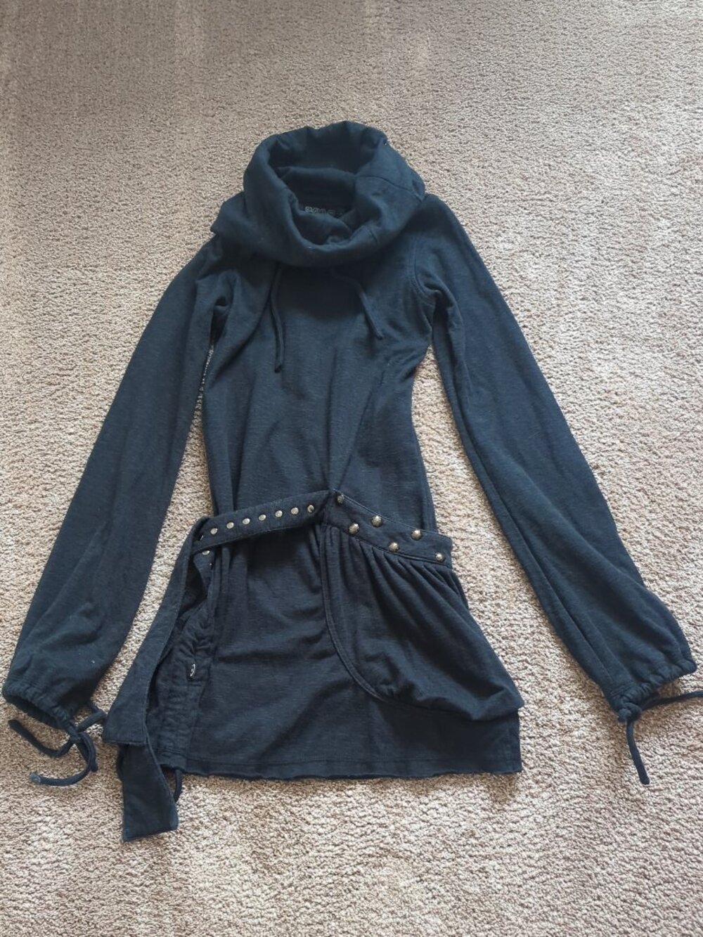Psylo Hooded Black Mini Dress Studs XS Alt Goth Rave